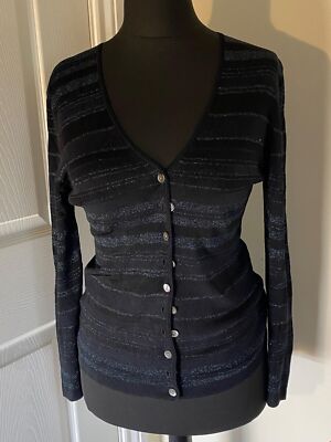 Karen Millen schwarz und blau Metallic Faden Langarm V-Ausschnitt Strickjacke Größe S