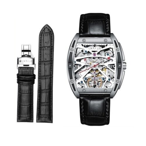 Orologio Automatico Infije Scheletrato Bianco e Nero con Cinturino in Pelle - Foto 2 di 6