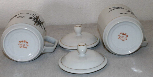 Chinese Porcelain Tea Cups with Lids Bamboo Design & Gold Trim 5" 12oz Set of 2 - Picture 8 of 9