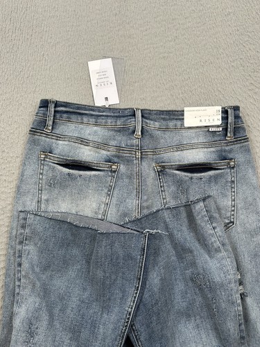 Risen Jeans Women 15 / 32 Blue Denim Shadow Hem Flare Distressed Crop NEW - Picture 7 of 13