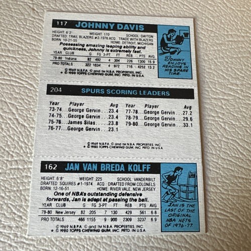 1980-81 Topps Johnny Davis #117/George Gervin #204/Jan Van Breda Kilff #162 Card - Picture 2 of 2