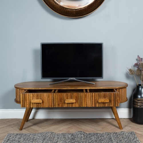 Elm Home And Garden Solid Mango Wood Large TV Media Wide Screen Unit 3 Drawers - Picture 2 of 5