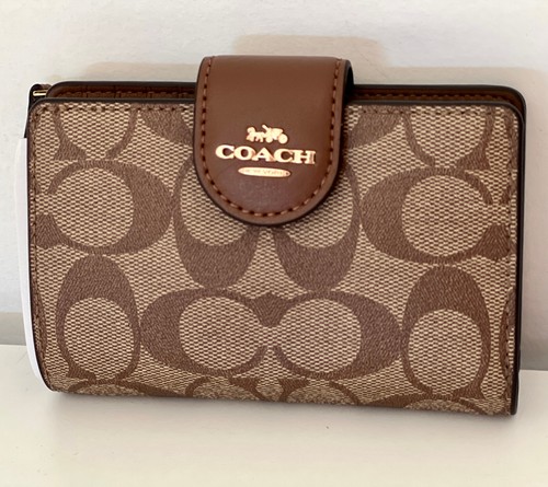 COACH SIGNATURE CANVAS MEDIUM CORNER ZIP WALLET in KHAKI SADDLE BROWN $178 SALE - Picture 3 of 8
