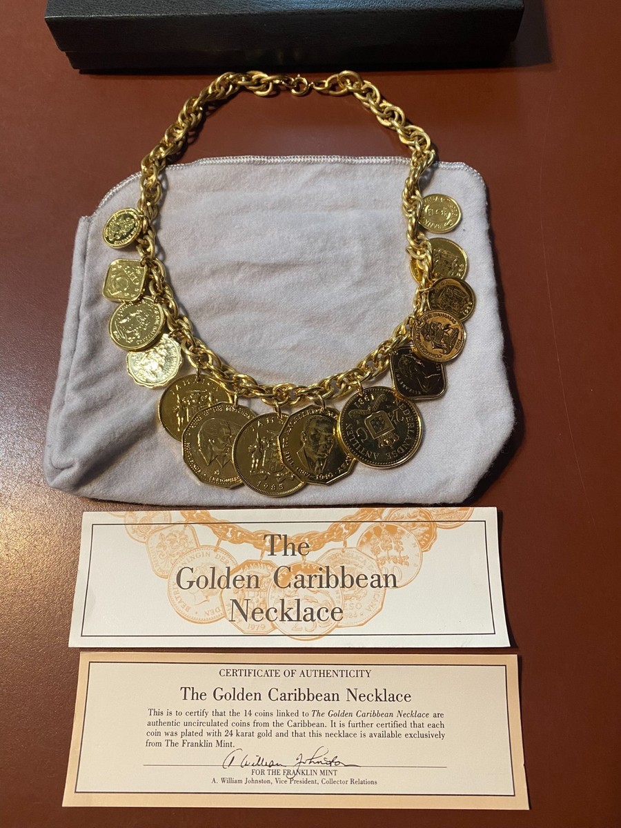 Vintage FRANKLIN MINT Coin Necklaceネックレス Franklin Mint Golden Carribean Coin Necklace 24K Gold Plated With