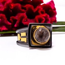 Black Rutilated Quartz Black And Gold Plated 925 Sterling Silver Ring s.9 Sku55