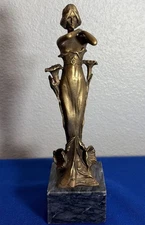 Art Nouveau Cast Bronze Woman with Flowers Statue  9 inches with Marble Base