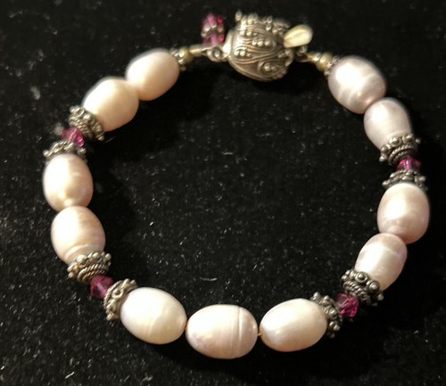 Beautiful Pearl Bracelet With Red Stone Accents Security Latch 7 1/2 “ Long #163