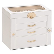 Jewelry Box 3 Drawers Glass Lid Leather Organ...