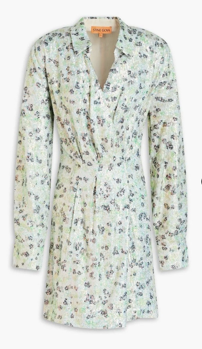 STINE GOYA Floral Sequin Short Dress Light Green Long Sleeve Size S | eBay