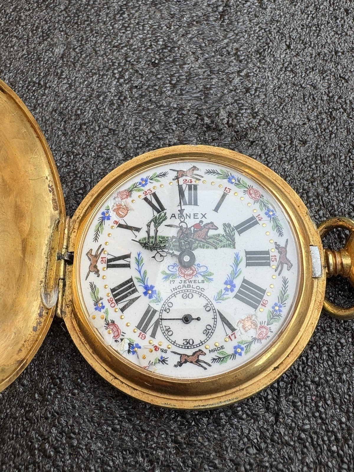 Arnex Horse dial Pocket Watch 17 J Incabloc Swiss Made Works Vintage  Hunting