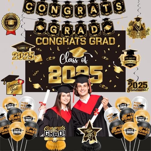 Graduation Decorations 2025 Themed Set - Congrats Grad Banner, Class of Gold - Picture 3 of 8