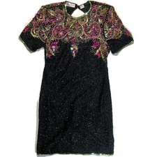Vtg 80s 90s Laurence Kazar Silk Sequin Beaded Party Dress Mardi Gras Black Gold