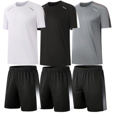 Men's 3 Pack Shirts Shorts Pockets Quick Dry Gym Athletic Clothes Workout Run...