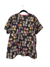 H.Q. Womens Owl Print Scrub Top Size L Short Sleeve V-Neck High Quality Basics