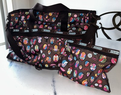 LeSportsac Large Duffel Travel Weekender Bag HOOT OWL Pattern Brown Multicolor