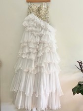 Mac Duggal Prom Strapless Ruffled Ball Gown w Beaded Bodice Ivory Tiers READ 4