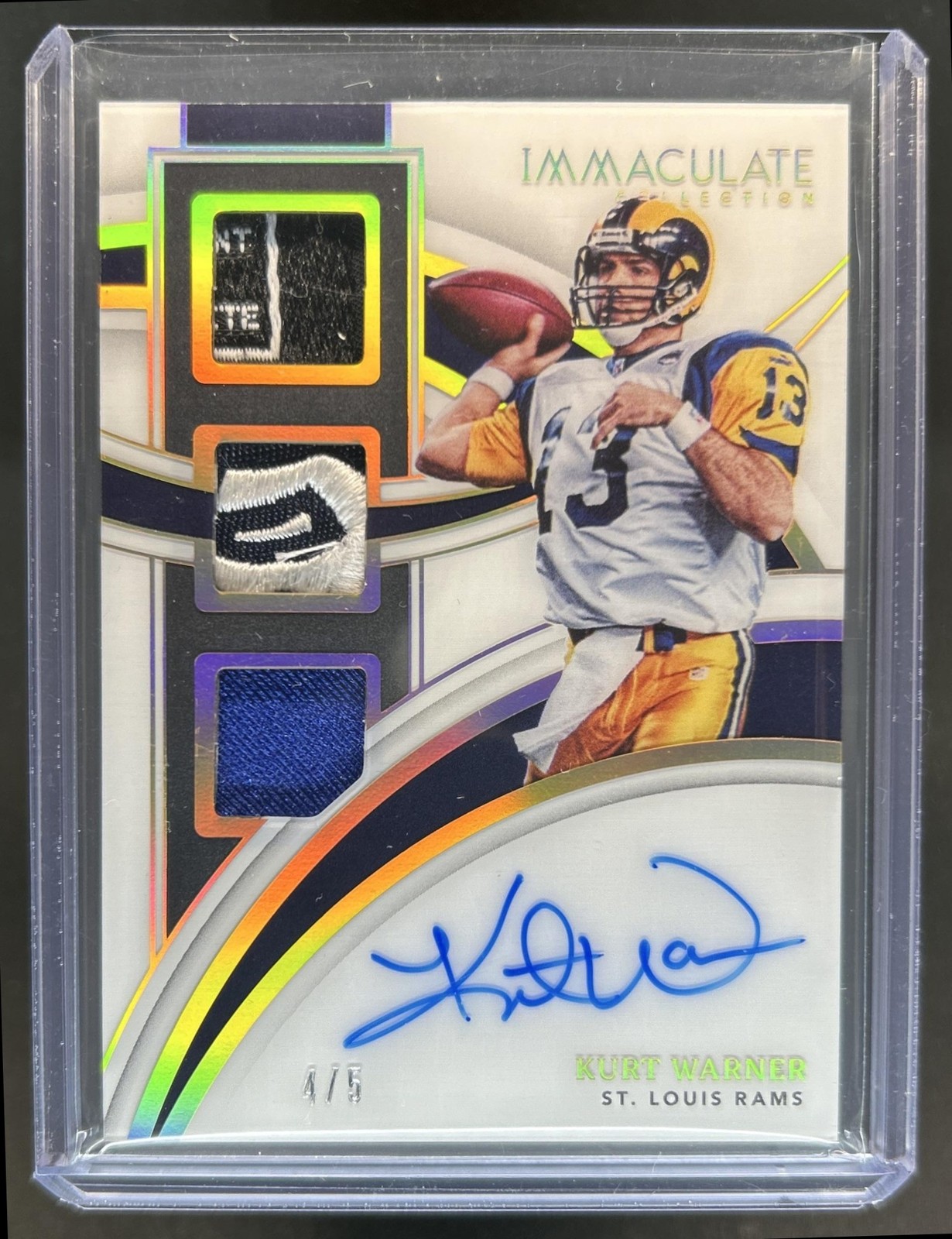 2022 Panini Immaculate Collection Kurt Warner Players Patch Auto Gold #/5 Rams view 1