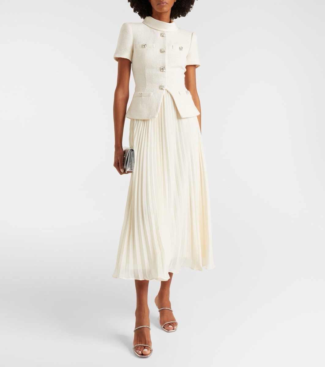 cream tailored boucle and chiffon midi dress self-portrait Cream Tailored Boucl And Chiffon Midi Dress - SS21-925