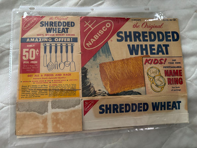 1950's flat NABISCO SHREDDED WHEAT CEREAL BOX with Personalized Name Ring Offer
