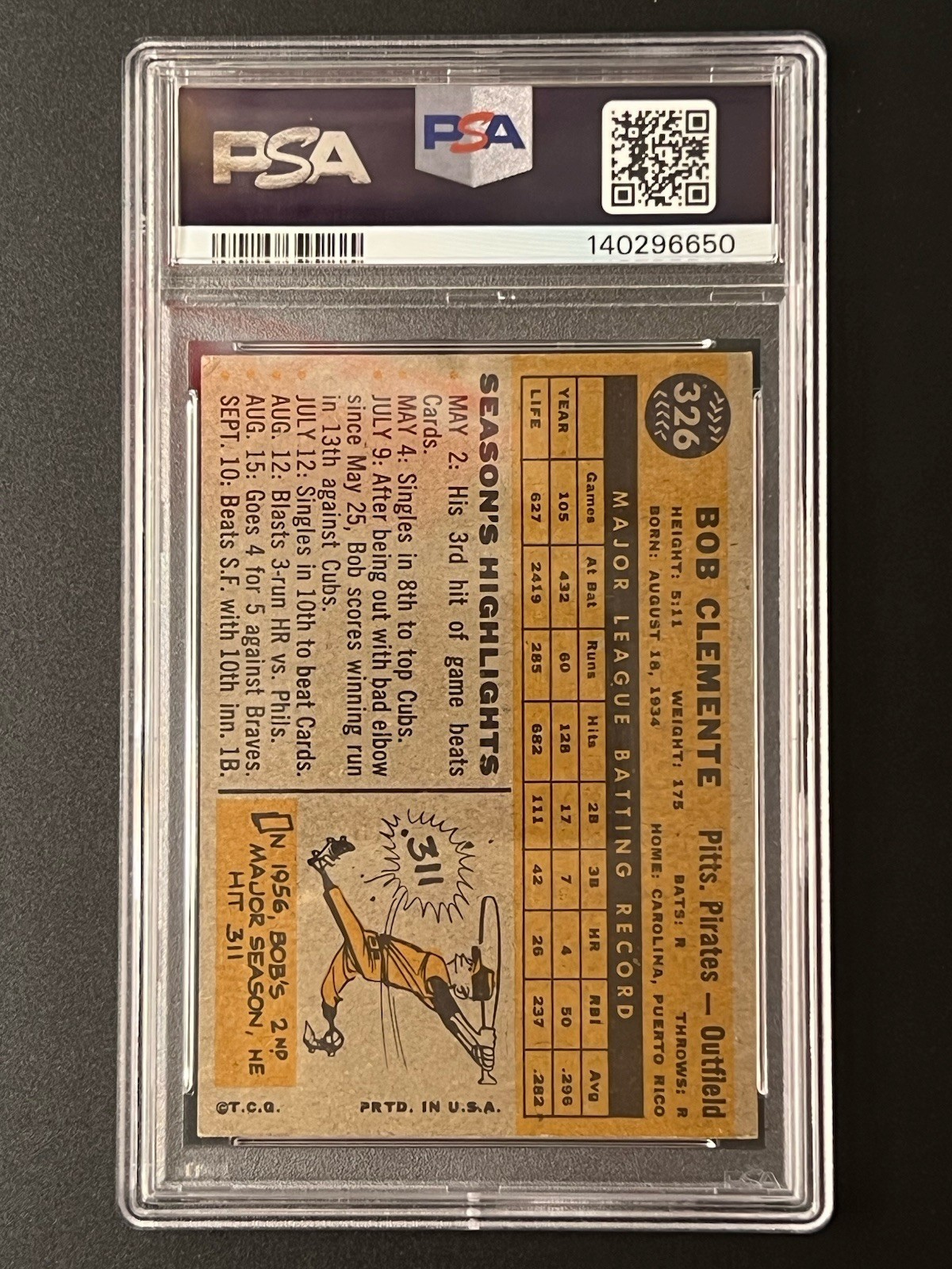 1960 Topps Roberto Bob Clemente #326 PSA 4 view 2