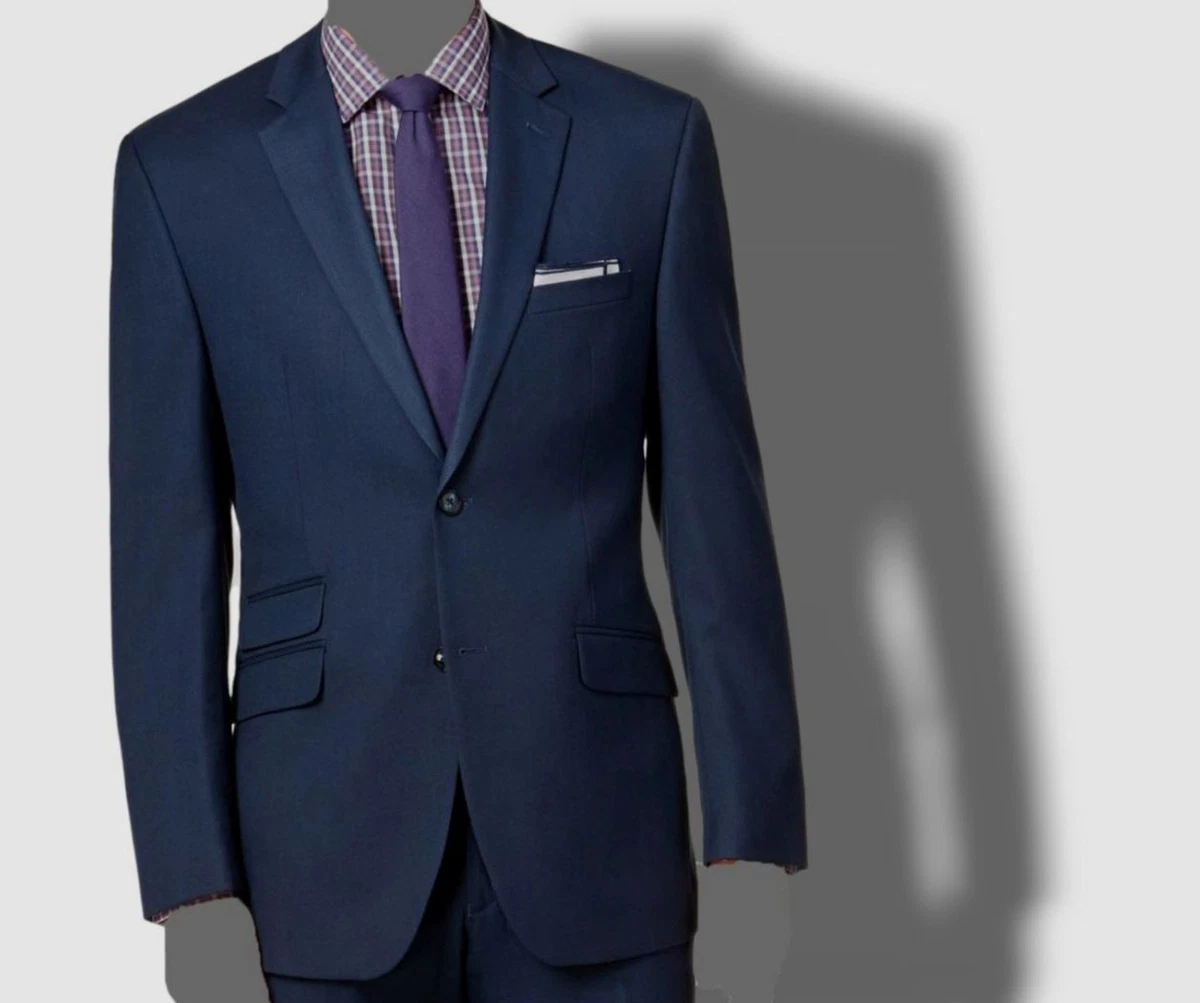 250 Perry Ellis Portfolio Men s Blue Sharkskin Slim Fit Blazer Suit Jacket 44R