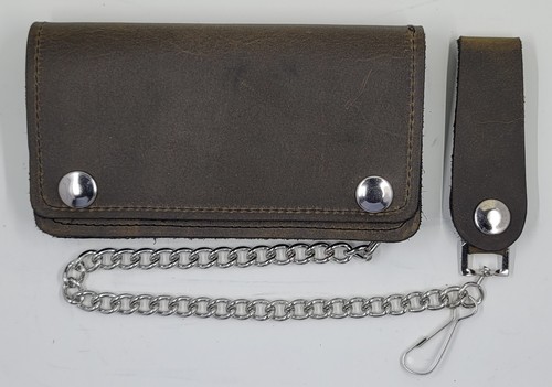 Leather Trucker Wallet With Snaps 6" x 3.5" With 12" Chain MADE IN USA - Picture 3 of 25