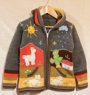 Strickjacke dunkelgrau bunt Gr. 110*116 Kapuze Peru Sonne Tiere Bauernhof 8DGr 1