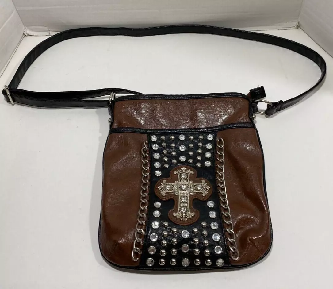 Women s Cato Brown Crossbody Purse with Silver Jewels Cross eBay