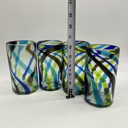 Hand Blown Made In Mexico A Set Of 4 Tumblers With Blue, Green And Brown Swirls - Picture 2 of 11