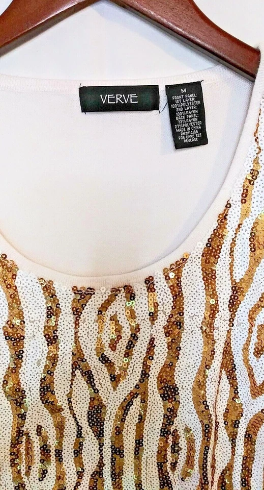 Verve Ami Size M Women's Sequined Tank Top Gold/White Sparkly Back panel -knit - Image 2 of 4