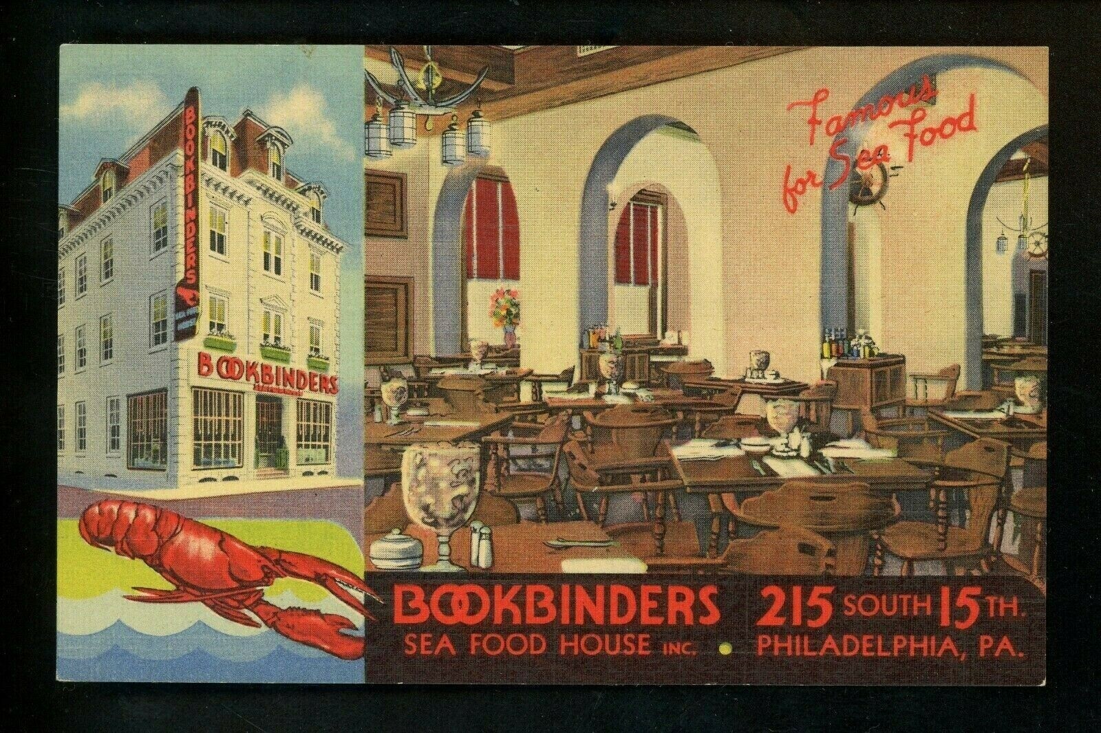 Restaurant postcard Pennsylvania PA Philadelphia Bookbinders Seafood