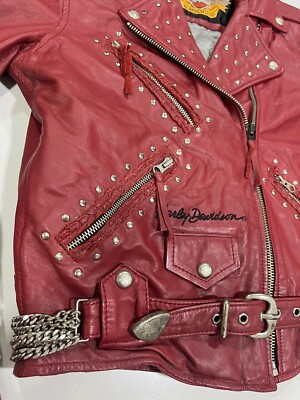 Vintage Harley Davidson Red Leather Jacket With Metal Accents Punk