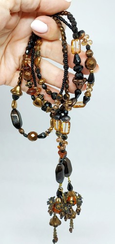 Lovely Long Necklace By Michal Negrin With Shades Of Brown And Black Crystals. - Picture 10 of 17