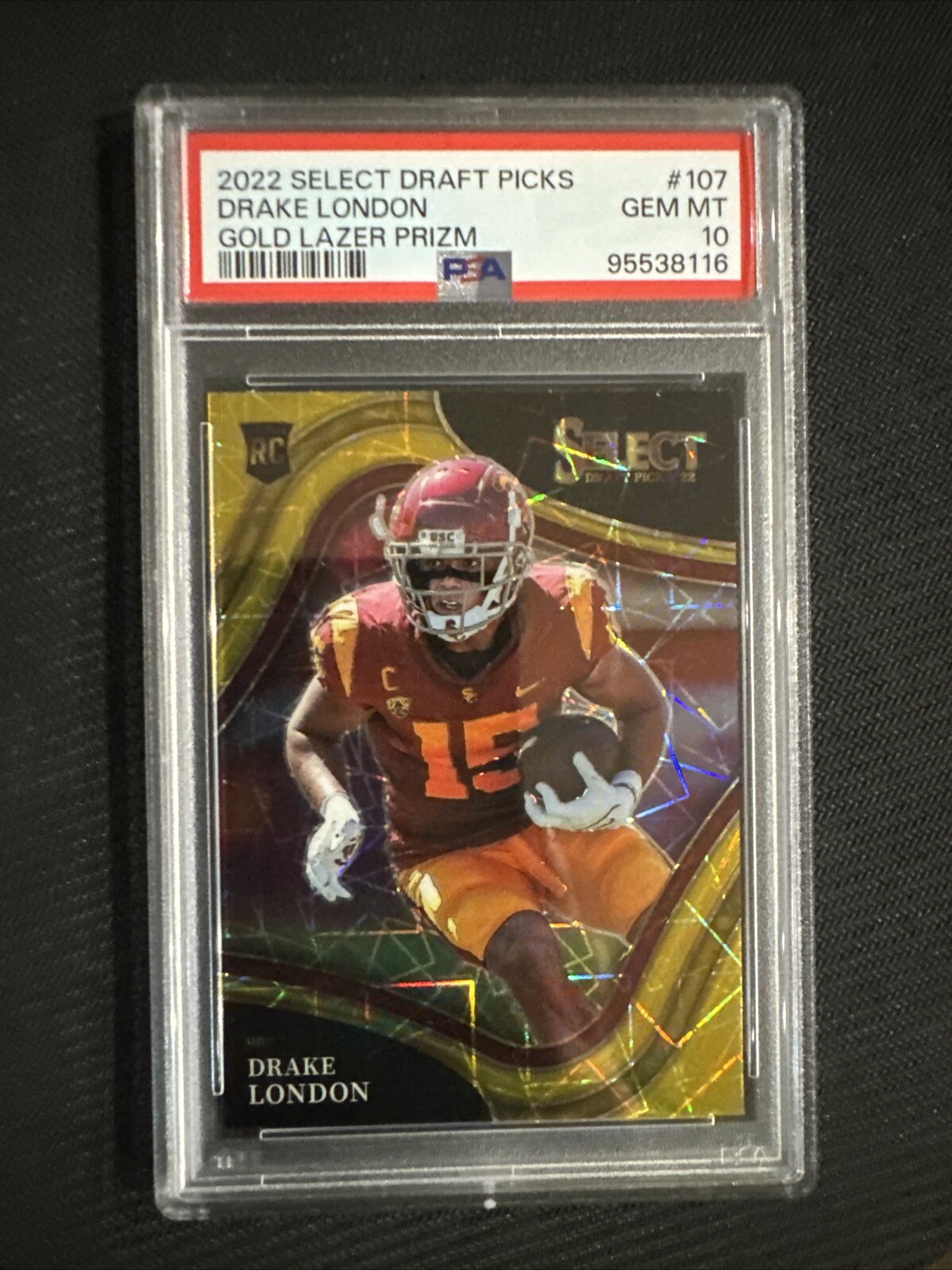 22 Panini Select Draft Picks Gold Lazer Prizm #107 Drake London (RC) PSA 10