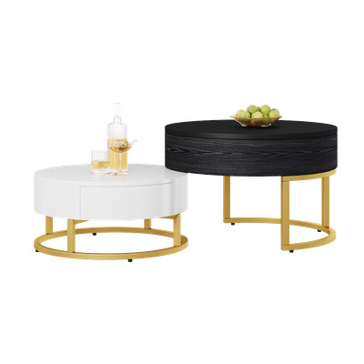 Goldener Satztisch 2-teilig, Hochklappbarer Couchtisch Mit 2 Schubladen