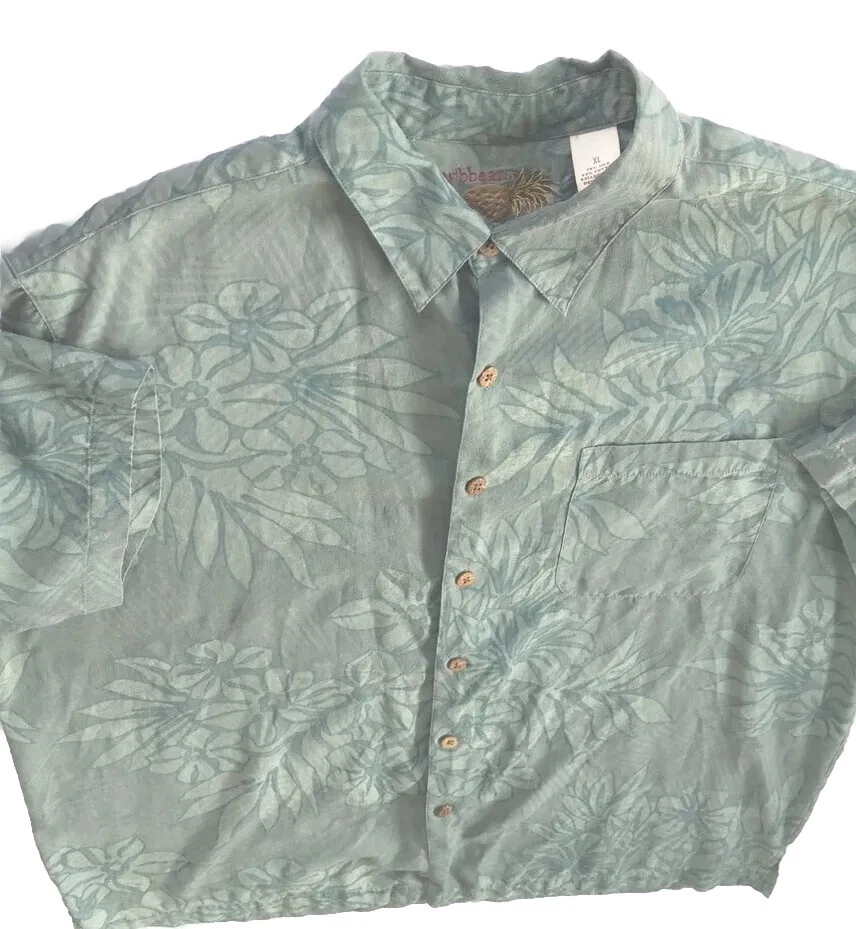 Caribbean Men's Short Sleeve Button Up Shirt XL Floral Aztec Green Silk Cotton