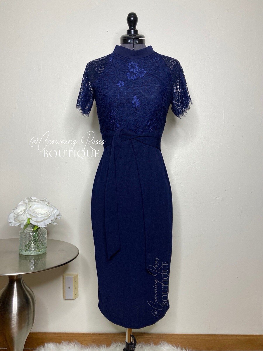 NEW SHEIN Small Navy Blue Lace Top Mock Neck Bodycon Midi Sheath Dress w  Belt | eBay