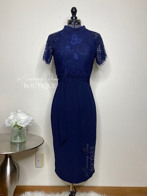 NEW SHEIN Small Navy Blue Lace Top Mock Neck Bodycon Midi Sheath Dress w  Belt | eBay