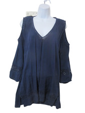 NWT Sz M Daniel Rainn Mini Dress Cold Shoulder Navy Blue Gauze Lace Detail L/S