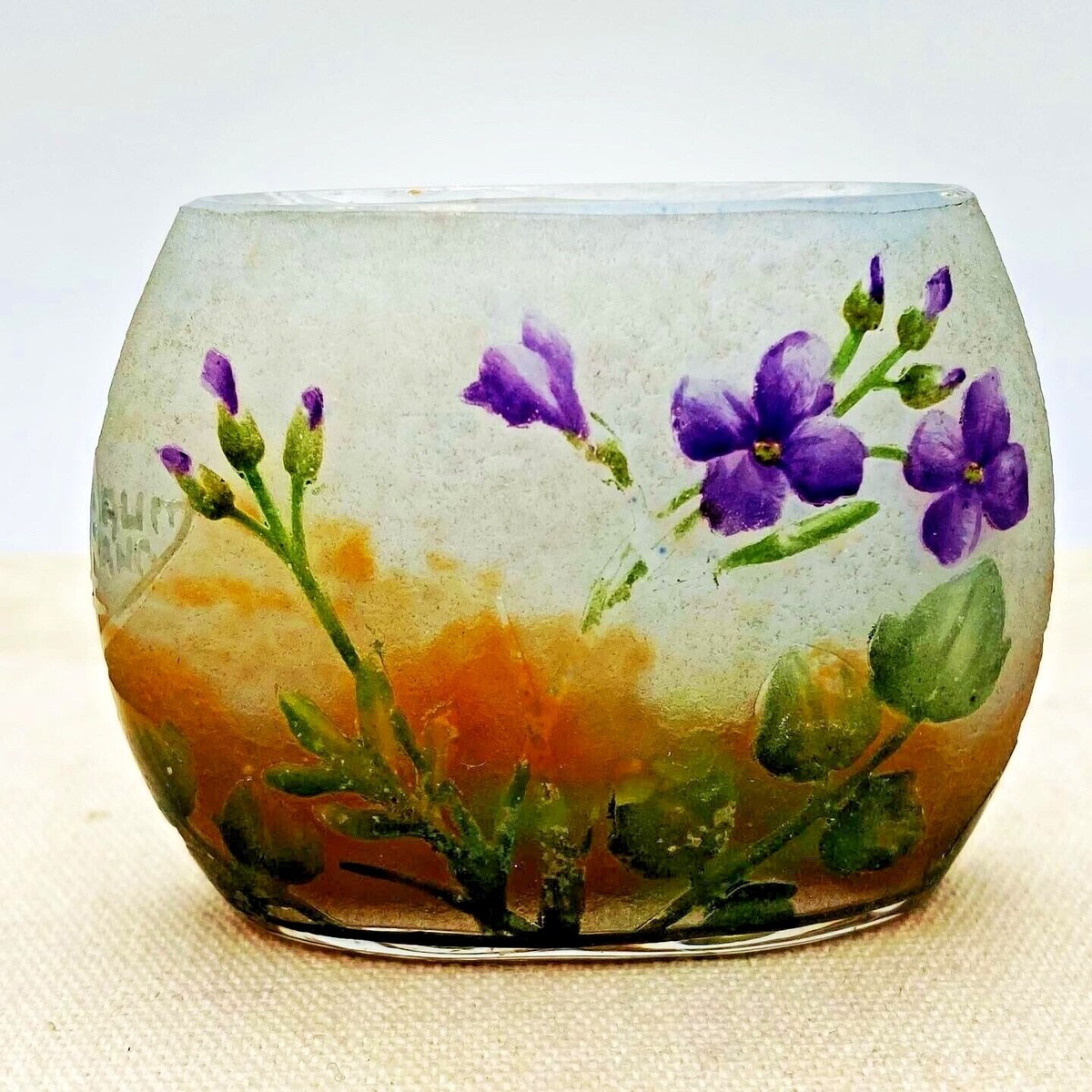 Antique Signed ~ Daum Nancy Miniature Art Glass Vase ~Violets Art