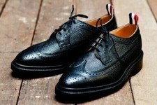 Men Black Grain Leather Oxford Brogue Wingtip Derby Shoes, Handmade Dress Shoes