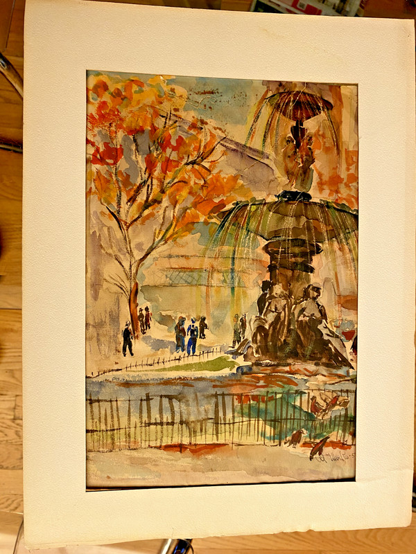 Signed Al Winks(?) Vintage  Watercolor Painting Fountain,Tree,Fence 11x9" L.A,CA