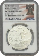 1991-P Korean War Commemorative Proof Silver Dollar coin NGC PF70 Ultra Cameo