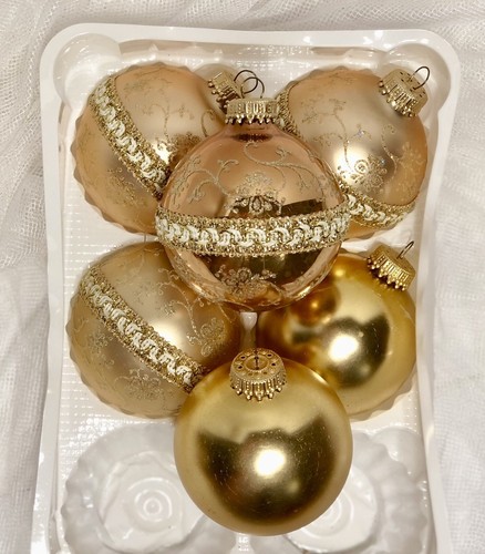Set/6 Christmas by Krebs GOLD Lace Mica Floral Glass Ball Ornaments 2.75” VTG