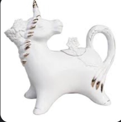 Blue Sky Clayworks 9x9  Ceramic Magical White & Gold Unicorn Teapot Retired NEW