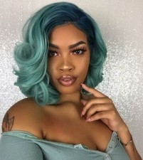 Short Bob Wave Ombre Green Lace Front Wigs Synthetic Heat Safe Glueless Fashion
