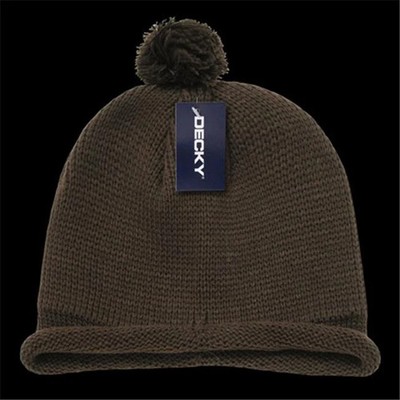 Decky 611A-BRN Solid RollUp Beanie With Pom Pom - Brown