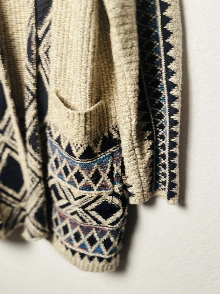 Lucky Brand Open Front Cardigan Sweater Sz M Beige Pockets Southwestern Tribal - Image 3 of 4