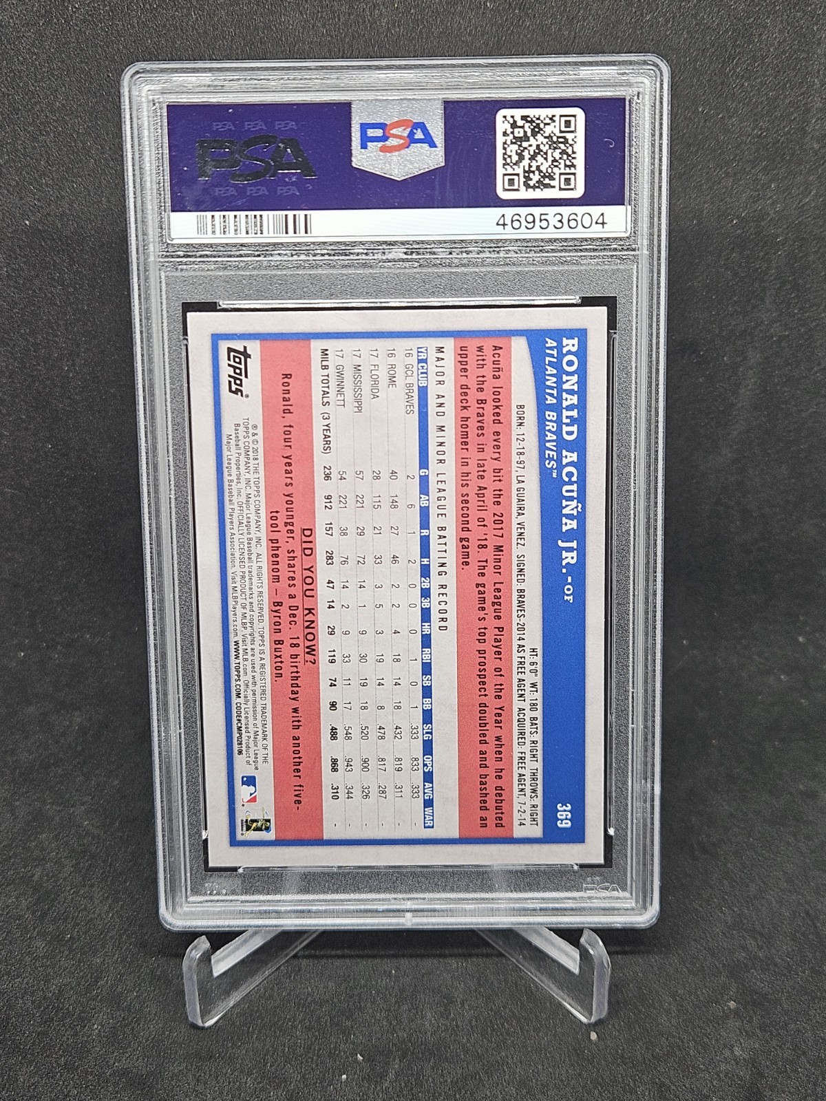 2018 Topps Big League Ronald Acuna Jr Atlanta Braves RC PSA 10 view 2