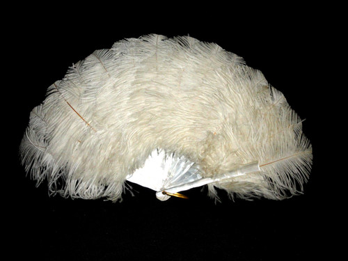 Vintage Folding Hand Fan ~ Ostrich Feathers ~ White Pearl Celluloid Ribs 